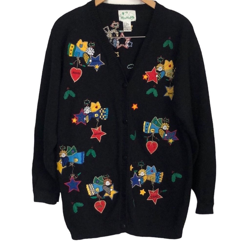 VINTAGE QVC  QUACKER FACTORY Black Cardigan with embroidered angels size MEDIUM